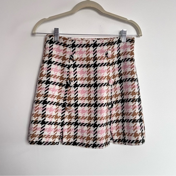 Forever 21 Pink White Tan Black Tweed Houndstooth Plaid Knit Skirt Small - Picture 1 of 7
